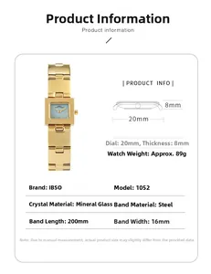 Fiche technique détaillée d'une montre carrée dorée avec bracelet en acier et verre minéral