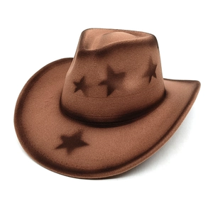 Classic dark brown felt cowboy hat with star embossing and wide brim for autumn fashion