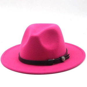 Close-up of rose red wool felt fedora with black leather band and silver floral buckle
