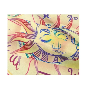 Detail of soft fabric texture featuring sun face print and zodiac symbols wall tapestry