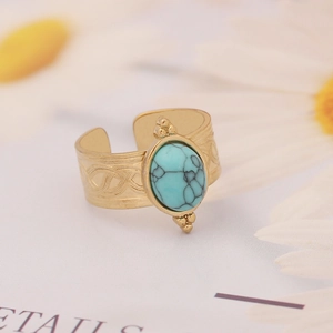 Close-up of a gold-tone textured ring featuring an oval turquoise stone with open back