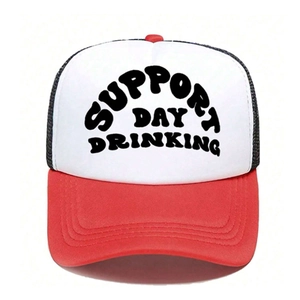 Vintage red and white trucker hat with Support Day Drinking print and black mesh