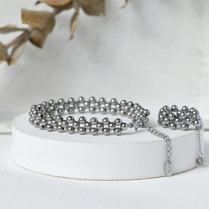 Three-row dark gray bead bracelet and ring set in 18K gold plated stainless steel