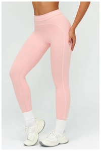 Pink high-waisted yoga leggings featuring contrast stitching and a snug athletic fit