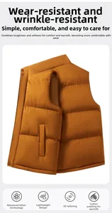 Detail view of brown insulated vest showing durable stand collar and side pockets