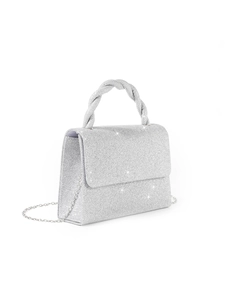 Detail of silver sequin evening bag featuring a woven handle and metallic chain strap