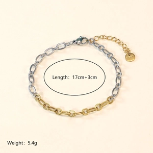 Detailed macro view of two-tone stainless steel linked chain bracelet with lobster clasp