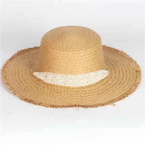 Summer wide brim straw sun hat for women with white lace ribbon and frayed edges