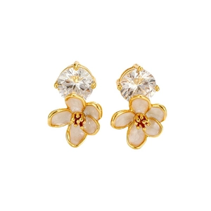 Golden flower earrings with pink enamel petals and sparkling round zircon stone