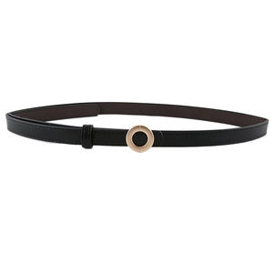 Minimalist black leather belt for women featuring a stylish round golden buckle closure