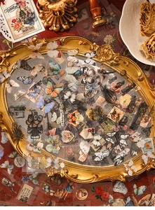 Detail of vintage PET stickers with butterfly and floral designs in golden frame
