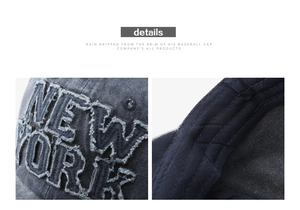 Detailed views of New York embroidery and stitching on washed denim baseball cap