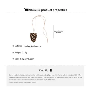 Detailed view of leopard print faux leather triangle eyewear pouch necklace with dimensions