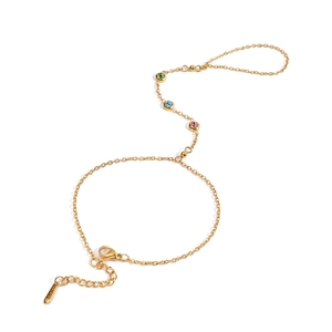Elegant 18K gold stainless steel ring-bracelet with multi-colored crystals on white background