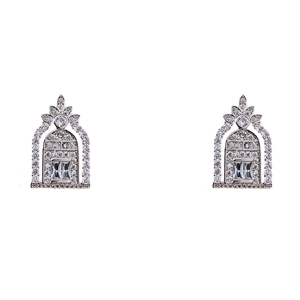 Elegant geometric arch earrings with silver zircon stones and floral details