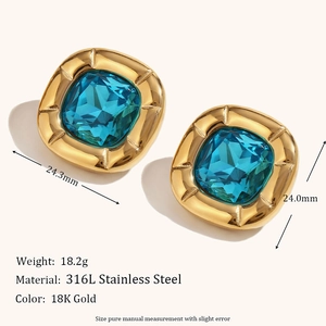 18K gold plated stainless steel square earrings with large blue zircon gemstone detail