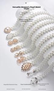 Detailed view of elastic pearl waist chain with vintage rhinestone buckle for dresses