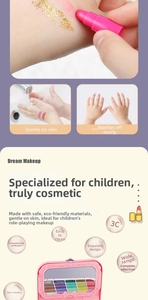Washable kids eyeshadow palette and lipstick set showing easy skin cleaning demo