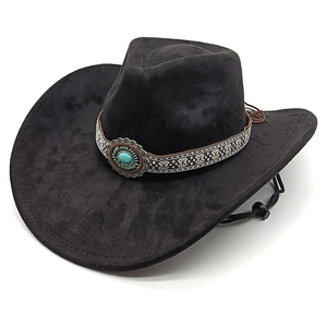 Western black cowboy hat with turquoise ethnic embroidery band and adjustable chin strap