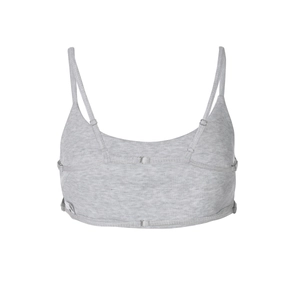 Close-up of light grey ribbed knit crop top featuring adjustable thin spaghetti straps