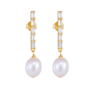 Elegant 925 silver earrings with gold plating, rectangle zircon and freshwater pearls
