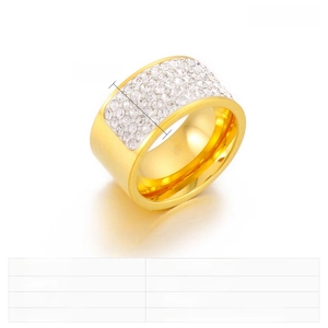 Macro shot of 12mm wide 18k gold-plated stainless steel ring with full rhinestone inlay