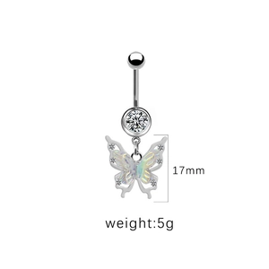 Macro detail of silver navel ring with crystal butterfly pendant and 17mm size mark