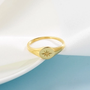 Macro shot of a gold stainless steel ring featuring a deep-etched polar star engraving