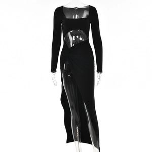 Sexyes schwarzes Maxikleid mit langen Ärmeln, Taillenausschnitt, Knoten und Beinschlitz