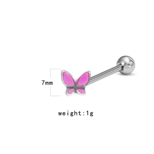 Detail view of 7mm pink butterfly piercing jewelry made of silver-tone stainless steel