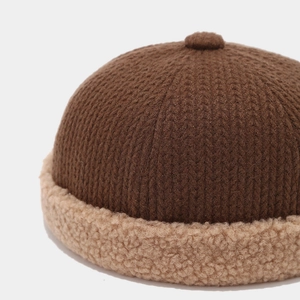 Mens vintage knit docker hat in dark brown with beige sherpa trim for winter