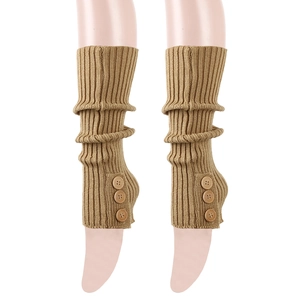 Detail of khaki ribbed knit leg warmer featuring three dark brown wooden buttons decoration
