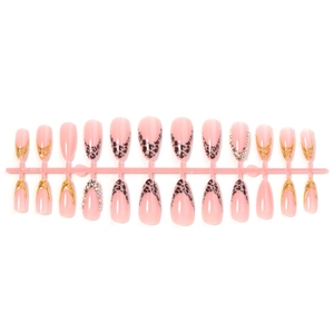 Faux ongles amande roses avec motif léopard lignes dorées et strass lot de 24