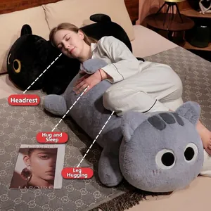 Long cat plush pillow shown by a model as a cozy headrest and sleeping body cushion