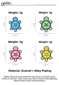 Close-up of enamel turtle pins showing dimensions 3.0cm by 2.4cm and 3g weight details