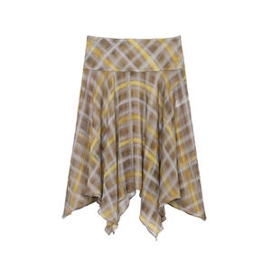 Women Plaid Midi Skirt High Waist Asymmetric Hem Irregular Gradient Check Chiffon Streetwear Bottoms