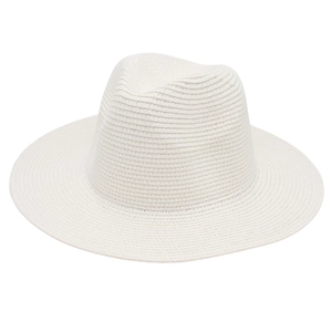 Top-down view of a classic white Panama straw hat showing tight woven texture and fedora crown