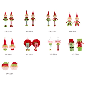Detailed catalog of red and green plush Christmas elf decorations in various sizes and models