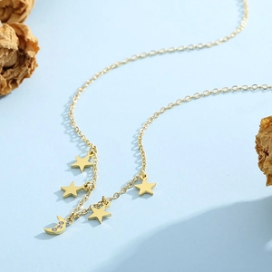 Stainless Steel Star Moon Pendant Necklace With Rhinestones Gold Silver Tone Minimalist Chic Jewelry For Women