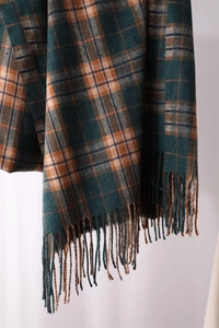 Detailed view of dark green and brown plaid scarf featuring soft twisted tassels