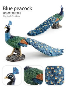 Detailed views of a realistic blue peacock figurine showing feather textures and dimensions