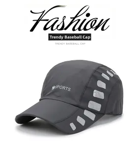 Detail of dark grey baseball cap showing Sports logo and breathable mesh pattern