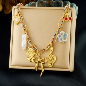 Stainless Steel Necklace Gold Plated Woven Rope Multiple Charms Heart Bow Music Note Artificial Pearl Flower Cherry Retro Jewelry For Women