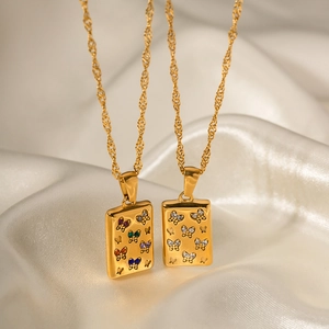 18K gold plated stainless steel necklaces with square butterfly pendants and zircon stones