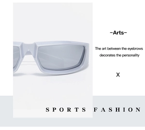 Close-up of sporty silver rectangle frames with grey lenses showing sleek edge details