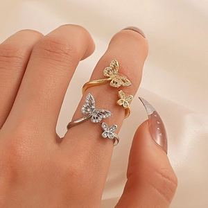 Elegant gold and silver butterfly open ring with sparkling cubic zirconia crystals