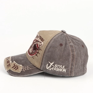Vintage brown and khaki baseball cap with shark embroidery and distressed patches
