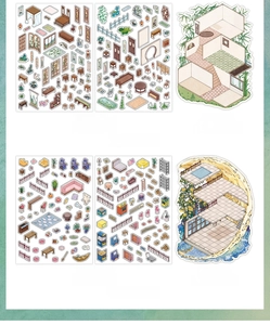 Detail of PET DIY stickers featuring Chinese garden and beach island scenery scenes