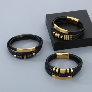 Men's multilayer black braided leather bracelet with gold and black magnetic metal clasps