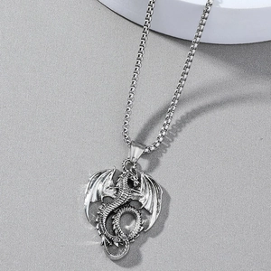 Vintage silver flying dragon pendant necklace in punk hip hop style for men